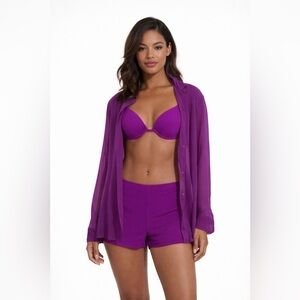 Matte Collection Purple 3 Piece Bikini Set Sheer Cover Up Small